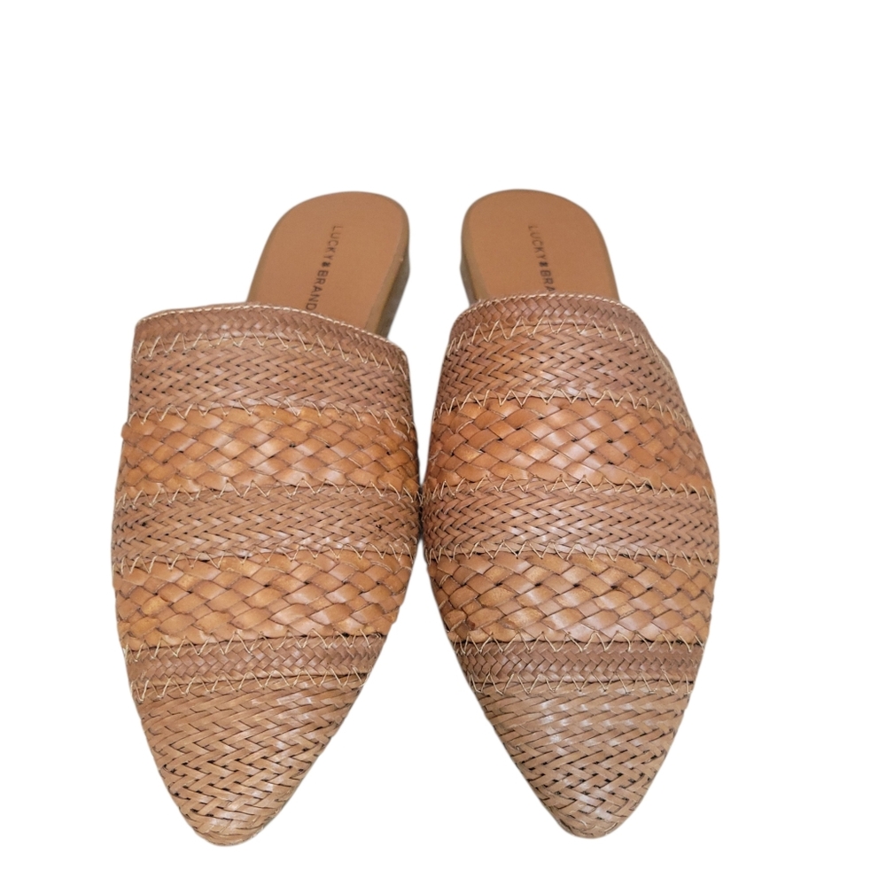 Lucky Brand Woven Leather Mule Loafers Tan Brown Slip On Size 10 Boho Coastal - Picture 6 of 8